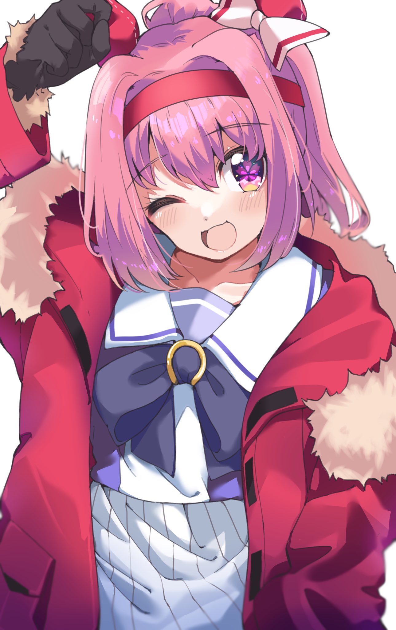 1girl animal_ears arm_up bangs black_gloves coat commentary ear_covers flower-shaped_pupils fur-trimmed_coat fur_trim gloves hair_intakes hairband haru_urara_(umamusume) highres horse_ears looking_at_viewer one_eye_closed open_clothes open_coat open_mouth pink_coat pink_eyes pink_hair ponytail purple_shirt sailor_collar school_uniform shirt simple_background skirt smile solo symbol-shaped_pupils tracen_school_uniform umamusume upper_body white_background white_skirt zono_(inokura_syuzo029)