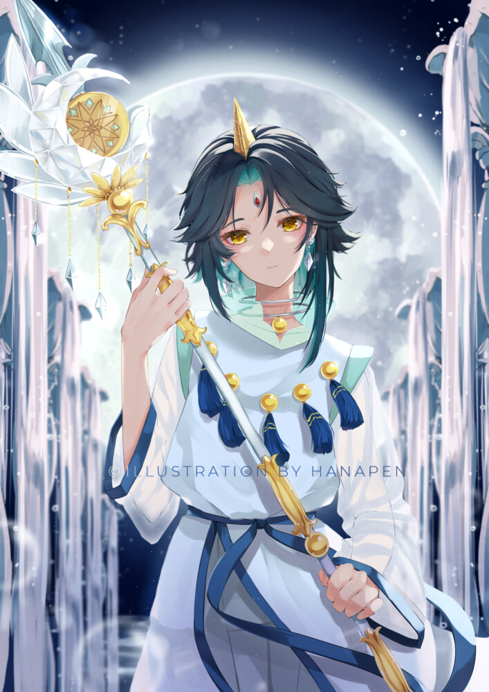 1boy bishoujo_senshi_sailor_moon choker crossover eyeshadow forehead_jewel forehead_mark frown full_moon genshin_impact green_hair hanapen helios_(sailor_moon) horn male_focus moon night night_sky red_eyeshadow robe single_horn sky solo staff stars text wings xiao_(genshin_impact) yellow_eyes