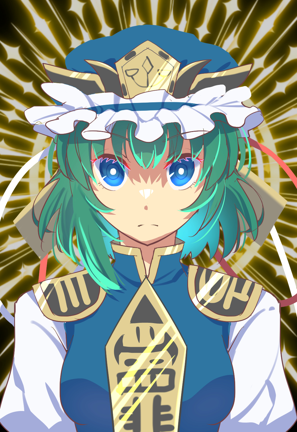 1girl asymmetrical_hair bangs black_background blue_eyes blue_headwear blue_vest breasts closed_mouth commentary_request epaulettes expressionless frilled_hat frills green_hair hat highres long_sleeves looking_at_viewer nayozane_(worker7) rod_of_remorse shiki_eiki shirt short_hair small_breasts solo sunburst sunburst_background touhou upper_body vest white_shirt