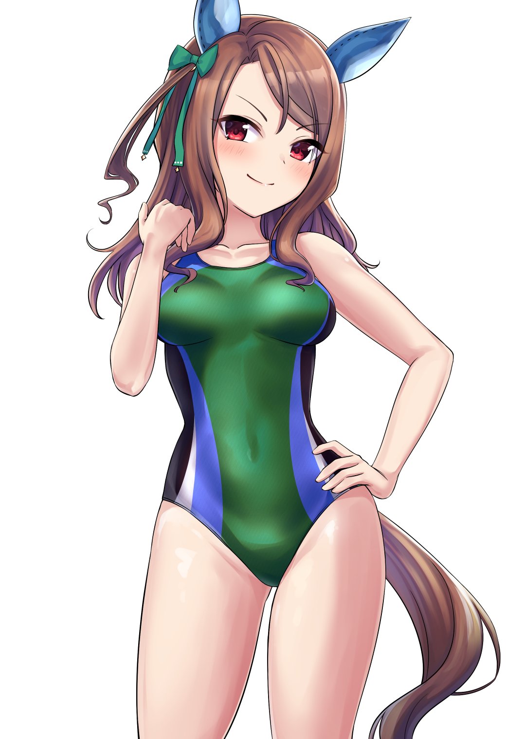 alternate_costume animal_ears blush breasts brown_hair collarbone commentary_request herohero_(higashi_no_dou) highres horse_ears horse_girl horse_tail king_halo_(umamusume) looking_at_viewer medium_breasts medium_hair navel red_eyes simple_background swimsuit tail umamusume white_background