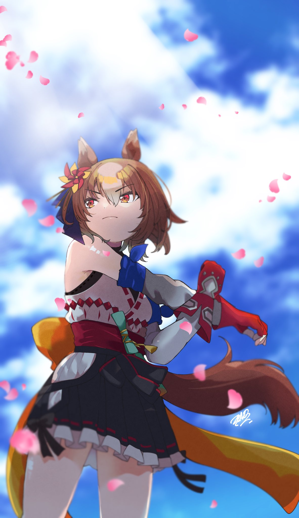 1girl animal_ears bangs black_skirt blurry blurry_background brown_hair cherry_blossoms closed_mouth clouds day detached_sleeves frown gloves highres hip_vent horse_ears horse_girl horse_tail japanese_clothes kimono kimono_skirt looking_to_the_side orange_eyes outdoors petals pinwheel_hair_ornament red_gloves sash short_hair signature skirt sleeveless sleeveless_kimono solo standing stretch tail umamusume v-shaped_eyebrows yaeno_muteki_(umamusume) zono_(inokura_syuzo029)