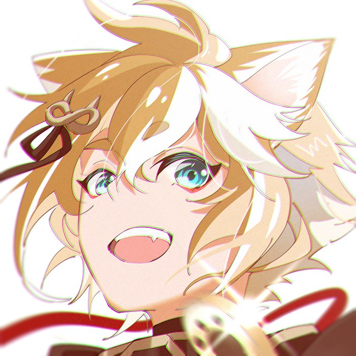 1boy animal_ears aqua_eyes brown_hair dhfz181 dog_boy dog_ears fang genshin_impact gorou_(genshin_impact) hair_ornament looking_at_viewer male_focus multicolored_hair open_mouth red_eyeliner short_hair smile streaked_hair white_hair