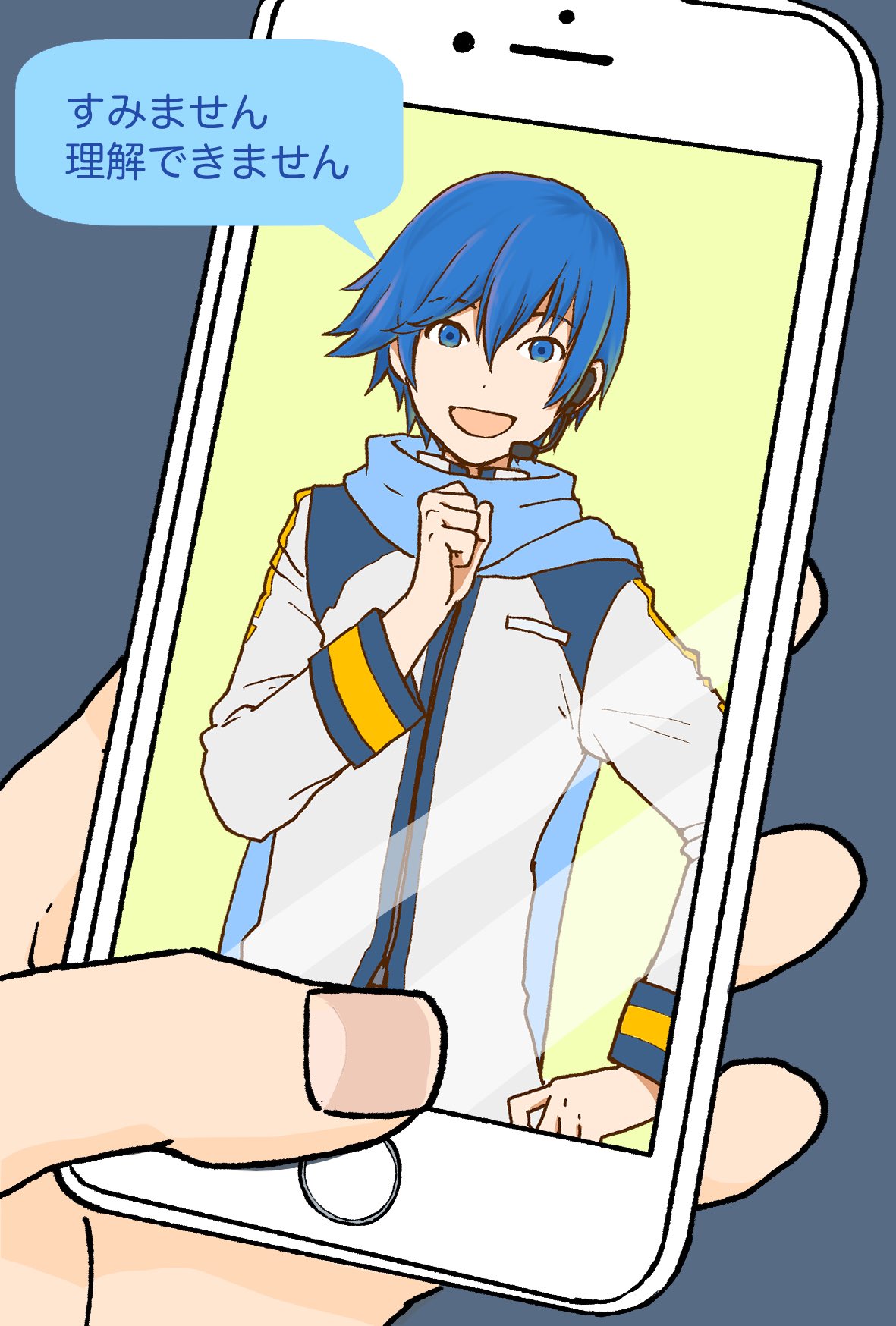 1boy blue_eyes blue_hair blue_scarf cellphone clenched_hand coat commentary hand_on_hip hand_on_own_chest headset highres holding holding_phone jam_kl kaito_(vocaloid) male_focus master_(vocaloid) open_mouth phone phone_screen pov pov_hands scarf smartphone smile speech_bubble translated upper_body vocaloid white_coat