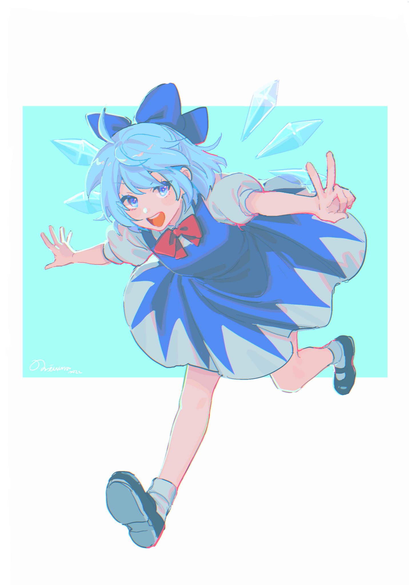 1girl arms_up artist_name bangs black_footwear blue_background blue_bow blue_dress blue_eyes blue_hair border bow bowtie breasts cirno collared_shirt dress eyes_visible_through_hair grey_legwear grey_shirt hair_between_eyes hands_up highres ice ice_wings looking_to_the_side medium_breasts noriuma open_mouth outside_border puffy_short_sleeves puffy_sleeves red_bow red_bowtie running shirt shoes short_hair short_sleeves simple_background smile socks solo teeth tongue touhou v white_border wings