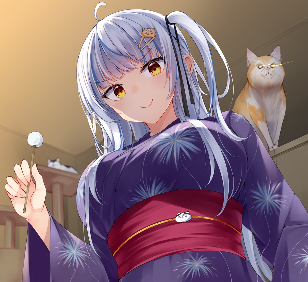 1girl ahoge animal bangs black_ribbon blue_hair blue_kimono blunt_bangs blurry blurry_background breasts cat cat_hair_ornament closed_mouth commission fireworks_print from_below glowing glowing_eyes grey_hair hair_ornament hair_ribbon hairclip holding irohara japanese_clothes kimono large_breasts long_hair looking_at_viewer looking_down mimikaki multicolored_hair obi obijime one_side_up original ribbon sash skeb_commission smile streaked_hair upper_body wide_sleeves yellow_eyes yukata