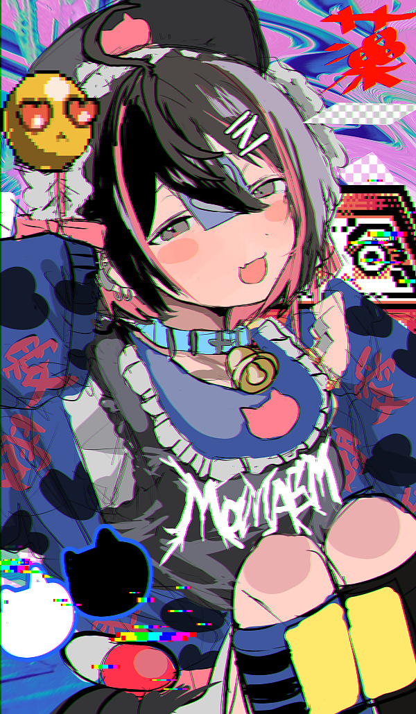 1girl bell bib black_hair blush collar fang grey_eyes grey_hair hat jiangshi kneehighs long_sleeves looking_at_viewer momae_makku multicolored_hair neck_bell open_mouth original solo