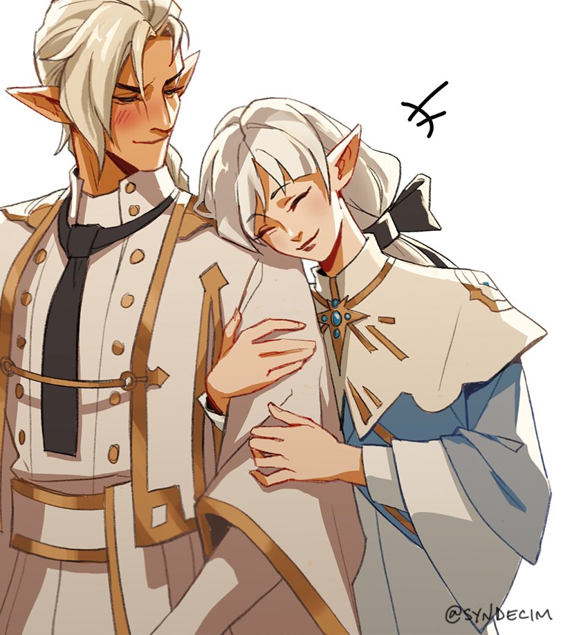 &gt;:) +++ 1boy 1girl ^_^ ameliance_leveilleur arm_hug bangs black_necktie blush bow buttons capelet closed_eyes coat collared_coat commentary elezen elf english_commentary final_fantasy final_fantasy_xiv fourchenault_leveilleur grey_coat grey_hair hair_bow half-closed_eyes head_on_another's_shoulder head_rest hetero husband_and_wife long_hair looking_at_another low_ponytail necktie pointy_ears simple_background smile standing swept_bangs syndecim twitter_username upper_body v-shaped_eyebrows white_background wide_sleeves