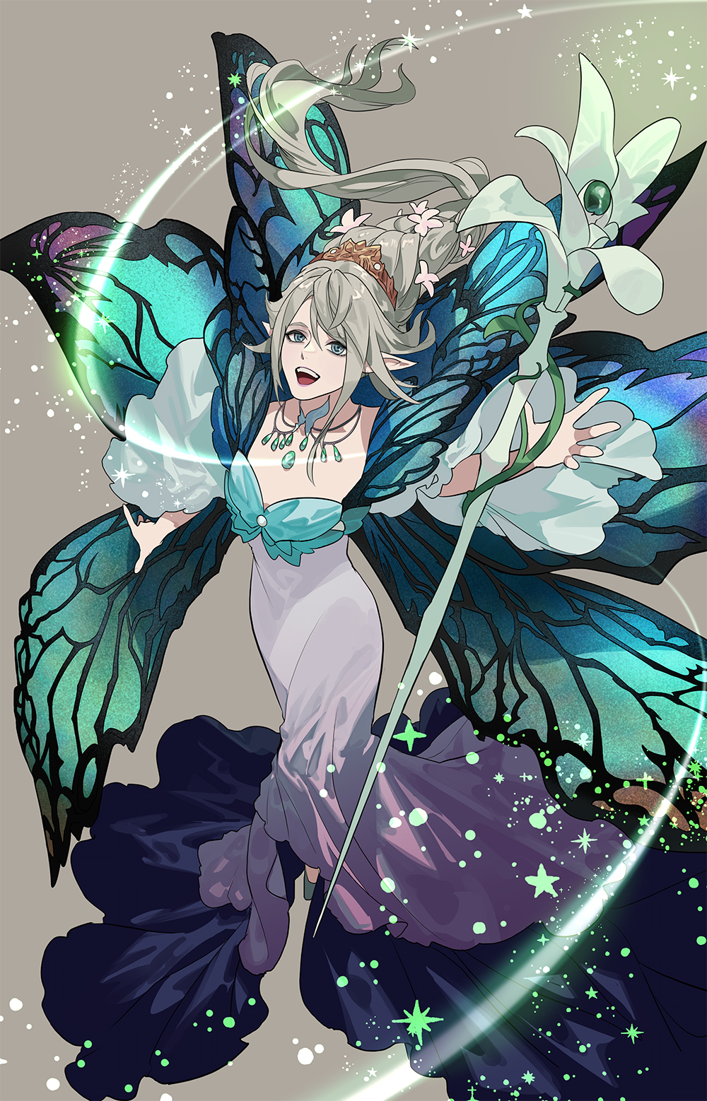 1other :d bangs blue_eyes braid braided_ponytail brown_background butterfly_wings byuub dress final_fantasy final_fantasy_xiv floating_hair flower from_above full_body gradient_clothes grey_hair hair_flower hair_ornament highres jewelry long_dress long_hair looking_up multiple_wings necklace open_mouth outstretched_arms pointy_ears ringed_eyes simple_background single_braid smile solo sparkle tiara titania_(final_fantasy) wand wide_sleeves wings