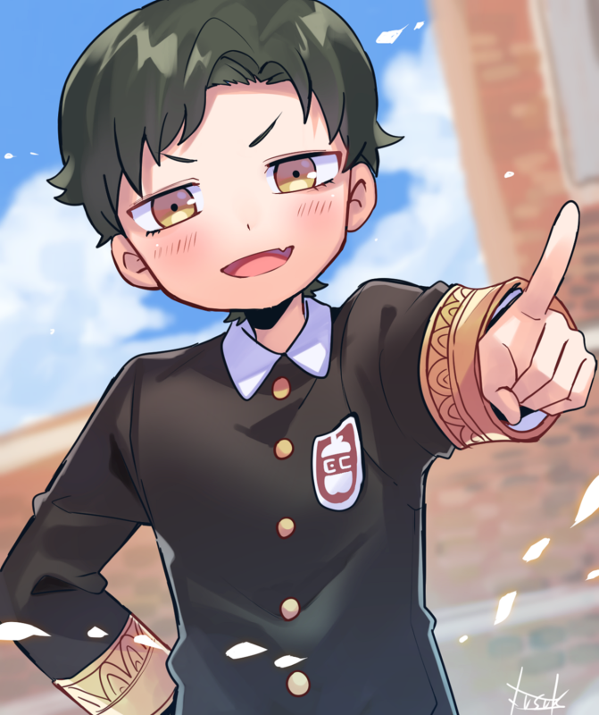 1boy black_hair blue_sky blush building child clouds cloudy_sky collared_shirt commentary damian_desmond day eden_academy_uniform emblem long_sleeves male_child male_focus open_mouth outdoors pointing pointing_at_viewer school_uniform shirt short_hair sky smile spy_x_family yuusuke-kun