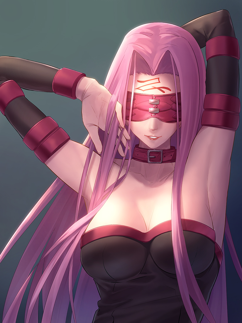 1girl armpits blindfold covered_eyes facial_mark fate/stay_night fate_(series) forehead forehead_mark long_hair medusa_(fate) medusa_(rider)_(fate) minami_koyogi simple_background smile very_long_hair