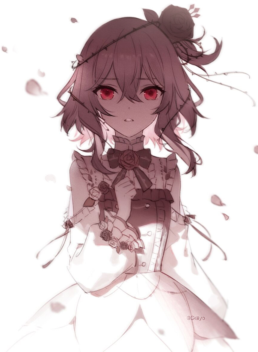 1girl bare_shoulders black_bow black_bowtie bow bowtie brown_eyes clothing_cutout dress flower kistina looking_at_viewer medium_hair monochrome multicolored_clothes multicolored_eyes nijisanji nijisanji_en petals pink_eyes red_flower red_rose rose rose_petals rosemi_lovelock short_sidetail shoulder_cutout solo thorns virtual_youtuber white_background white_flower white_rose wind