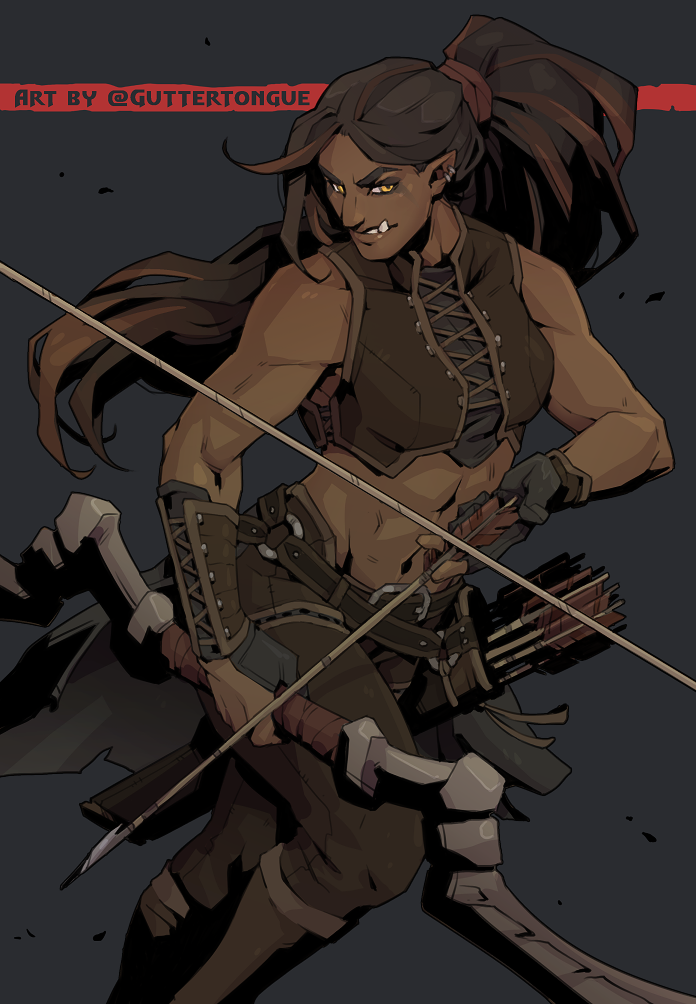 1girl abs arrow_(projectile) artist_name belt bow_(weapon) bracer breasts brown_hair dark_skin earrings english_text female_orc fingerless_gloves gloves guttertongue holding holding_bow_(weapon) holding_weapon jewelry long_hair midriff muscular muscular_female orc original pointy_ears ponytail quiver solo tusks weapon yellow_eyes