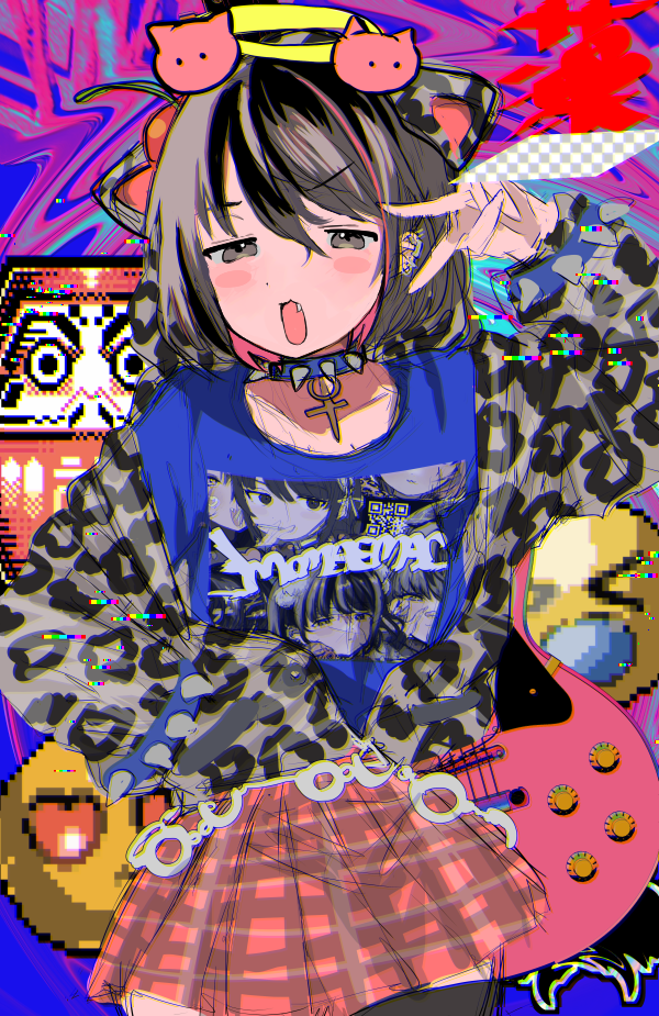 1girl animal_ears animal_print black_hair blush cat_ears cat_girl collar ear_piercing fang grey_eyes grey_hair halo jacket leopard_print looking_at_viewer momae_makku multicolored_hair open_mouth original piercing skirt solo spiked_collar spikes split-color_hair v