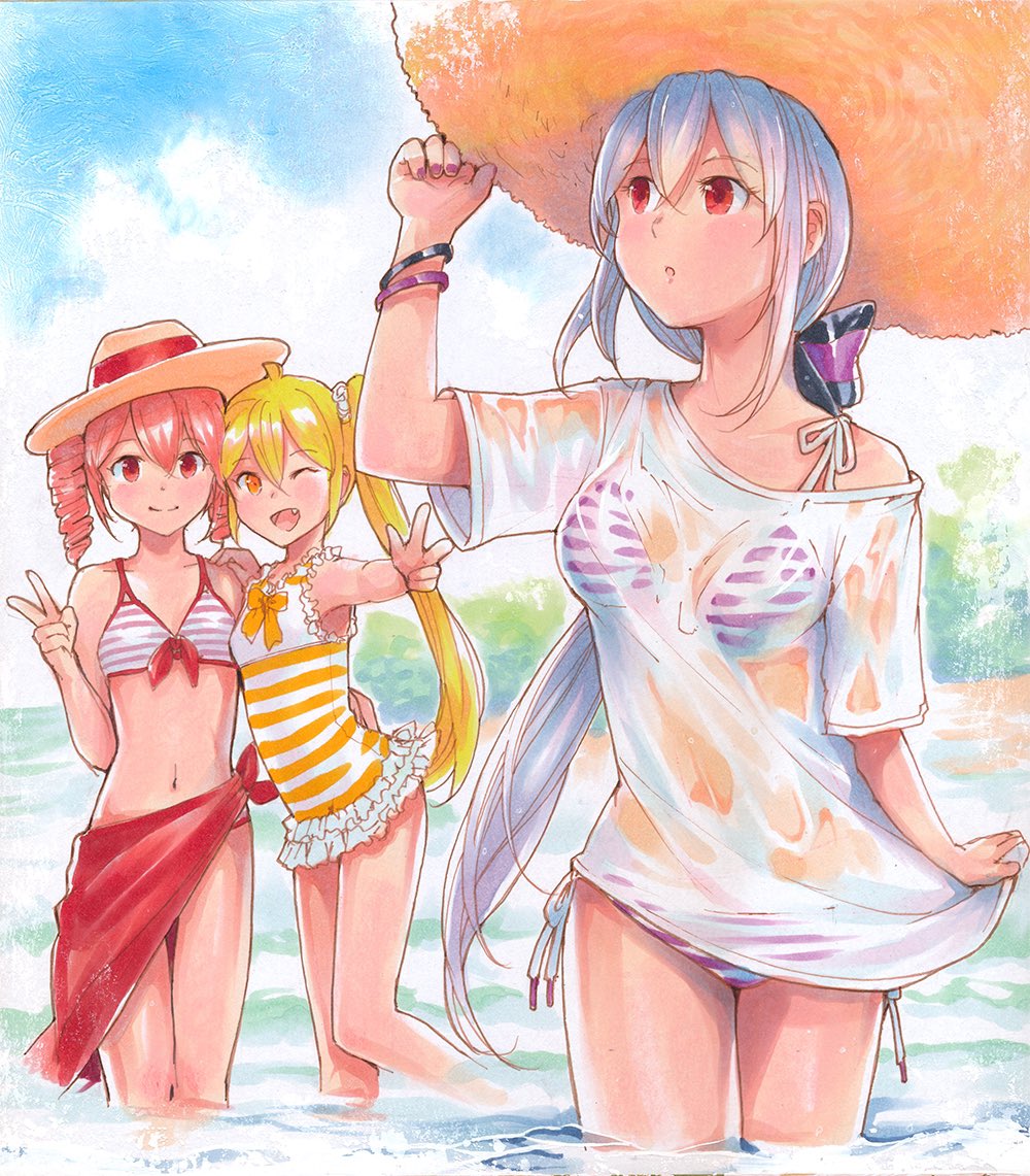 3girls ;d adjusting_clothes adjusting_headwear akita_neru beach bikini bikini_under_clothes blonde_hair blue_sky bow bracelet breasts clouds drill_hair fang frilled_swimsuit frills grey_hair hair_between_eyes hair_bow hair_ornament hair_scrunchie hand_on_another's_back hand_on_another's_shoulder hat jewelry kasane_teto leaning_on_person long_hair mayo_riyo medium_breasts midriff multiple_girls navel ocean one-piece_swimsuit one_eye_closed open_mouth ponytail pose purple_bikini purple_nails red_bikini red_eyes red_sarong redhead sarong scrunchie see-through side-tie_bikini side_ponytail sky small_breasts smile soaking_feet straw_hat string_bikini striped striped_bikini sun_hat swimsuit swimsuit_under_clothes traditional_media twin_drills twintails two-tone_bikini two-tone_swimsuit utau v very_long_hair vocaloid voyakiloid w wet wet_clothes yellow_eyes yellow_swimsuit yowane_haku