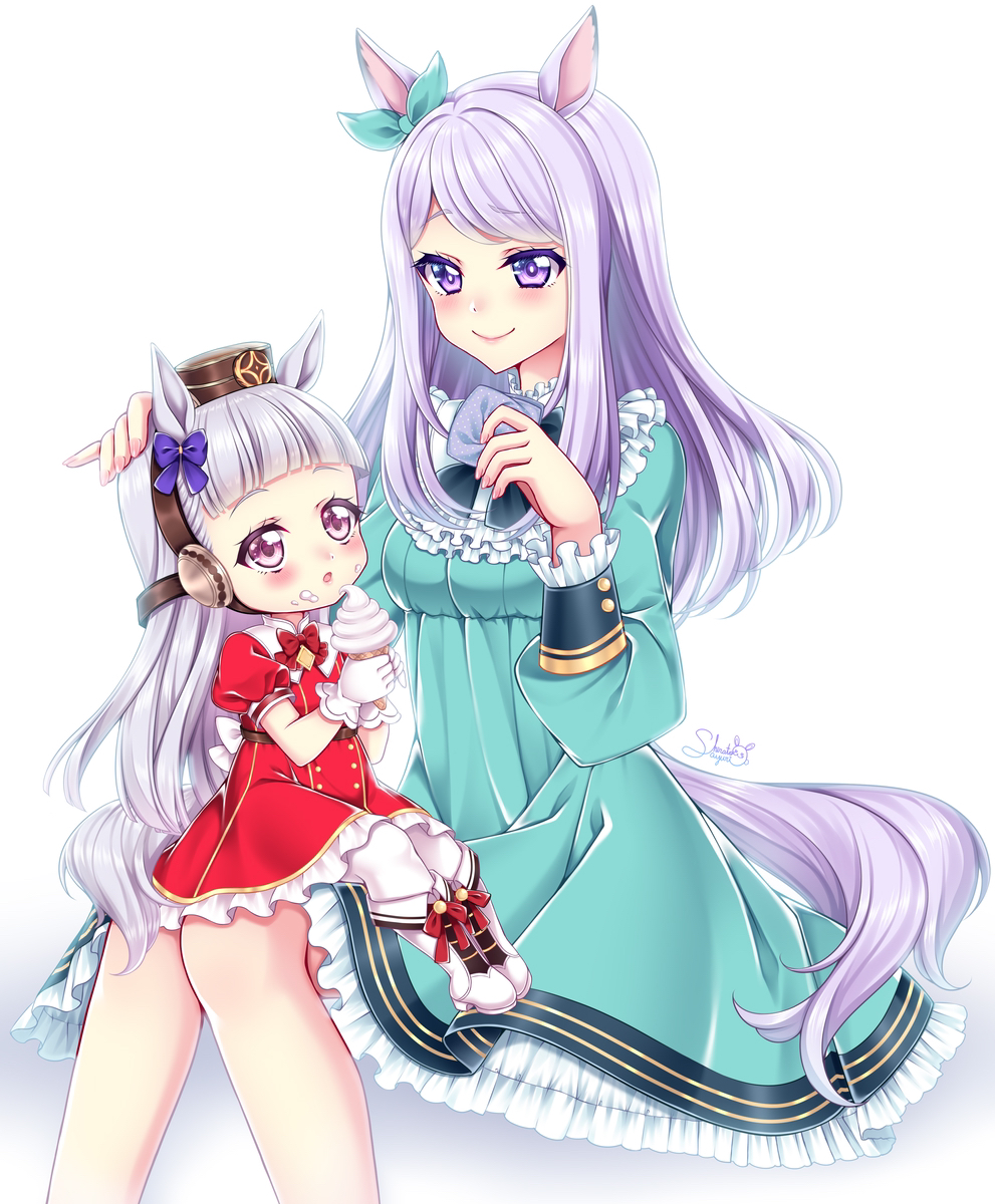 2girls adapted_costume animal_ears aqua_dress aqua_ribbon bangs blunt_bangs boots bow brown_headwear cross-laced_footwear dress food gold_ship_(umamusume) hair_bow hair_ribbon highres holding holding_food horse_ears horse_girl horse_tail ice_cream lace-up_boots long_hair long_sleeves looking_at_another looking_at_viewer mejiro_mcqueen_(umamusume) multiple_girls pillbox_hat purple_bow purple_hair red_dress ribbon shirato_sayuri signature simple_background sitting smile swept_bangs tail umamusume violet_eyes white_background white_hair younger