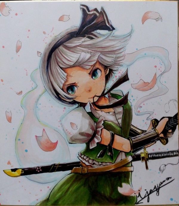 1girl bangs black_hairband black_ribbon closed_mouth collared_shirt commentary_request cowboy_shot fighting_stance flat_chest green_eyes green_skirt green_vest hair_ribbon hairband holding holding_sword holding_weapon jonasan_(bad-t) katana konpaku_youmu konpaku_youmu_(ghost) looking_to_the_side mouth_hold petals puffy_short_sleeves puffy_sleeves ready_to_draw ribbon scabbard sheath shikishi shirt short_hair short_sleeves signature skirt skirt_set solo sword touhou vest wakizashi weapon white_hair white_shirt