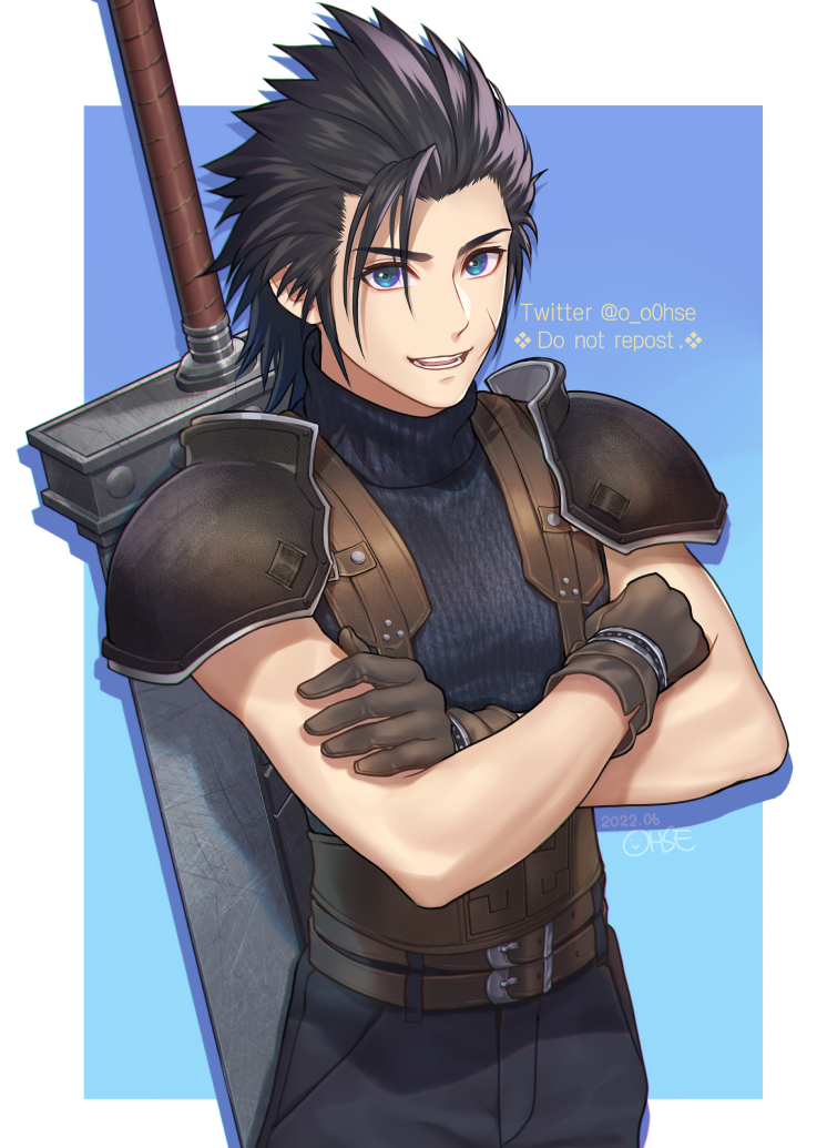 1boy armor belt black_hair blue_background blue_eyes blue_pants blue_shirt border buster_sword crisis_core_final_fantasy_vii crossed_arms final_fantasy final_fantasy_vii gloves looking_at_viewer lower_teeth male_focus multiple_belts ohse open_mouth pants scar scar_on_cheek scar_on_face shirt shoulder_armor sideburns sleeveless sleeveless_turtleneck smile solo spiky_hair suspenders teeth turtleneck upper_body upper_teeth weapon weapon_on_back zack_fair