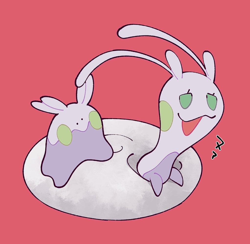 antennae closed_mouth commentary_request goomy green_eyes hisuian_sliggoo no_humans open_mouth pink_background pokemon pokemon_(creature) shell shigetake_(buroira) simple_background slime_(substance) translation_request wavy_mouth