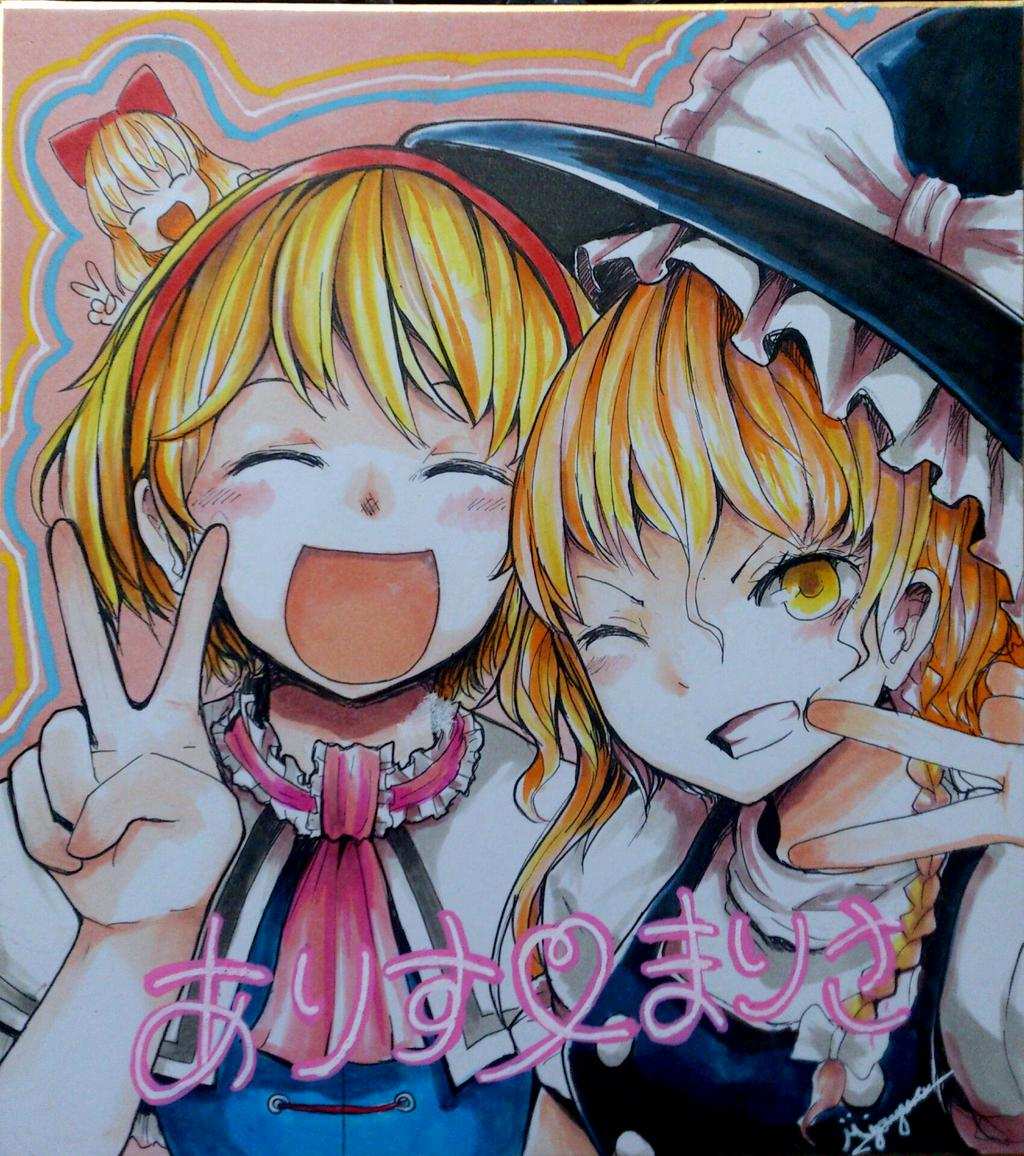 2girls alice_margatroid ascot bangs black_headwear black_vest blonde_hair blue_dress blush bow braid buttons capelet commentary_request dress frilled_ascot frills grin hair_between_eyes hair_bow hairband hat hat_bow hourai_doll jonasan_(bad-t) kirisame_marisa long_hair looking_at_viewer multiple_girls one_eye_closed open_mouth pink_ascot puffy_short_sleeves puffy_sleeves red_hairband shikishi shirt short_hair short_sleeves signature single_braid smile touhou traditional_media translated turtleneck upper_body v vest white_bow white_capelet white_shirt witch_hat yellow_eyes