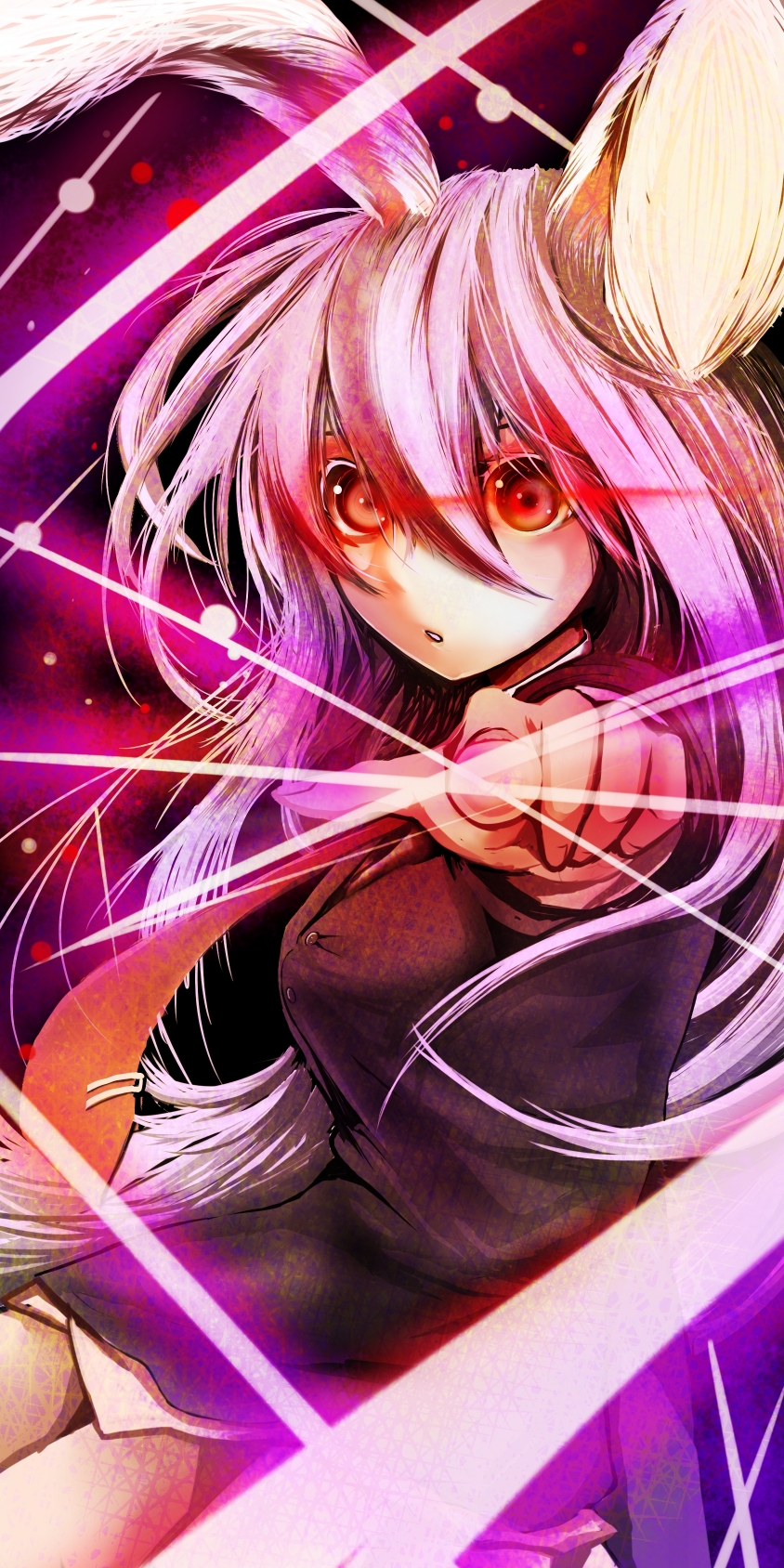 1girl animal_ears bangs black_jacket blazer buttons collared_shirt commentary_request cowboy_shot glowing glowing_eyes hair_between_eyes highres jacket jonasan_(bad-t) laser light_purple_hair long_hair long_sleeves looking_at_viewer open_mouth pointing pointing_at_viewer rabbit_ears rabbit_girl red_eyes reisen_udongein_inaba shirt skirt solo touhou very_long_hair white_shirt white_skirt