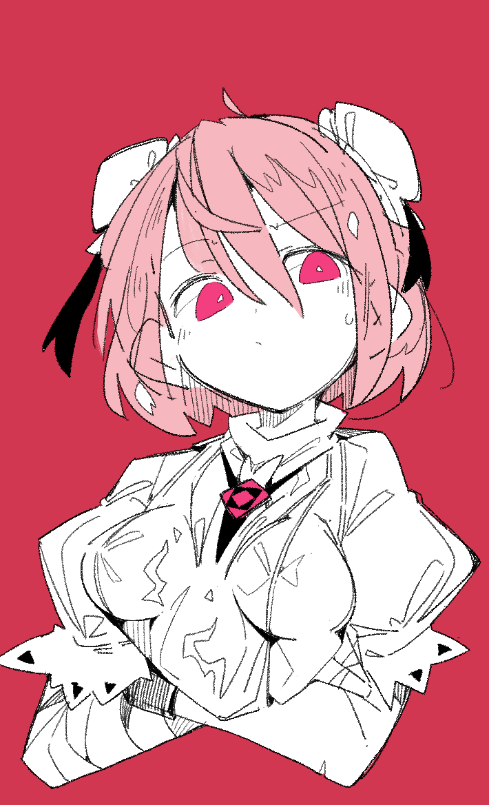 1girl bandaged_arm bandages blush closed_mouth crossed_arms double_bun hair_between_eyes hair_bun ibaraki_kasen massakasama pink_eyes pink_hair puffy_short_sleeves puffy_sleeves red_background shirt short_hair short_sleeves simple_background solo tabard touhou upper_body