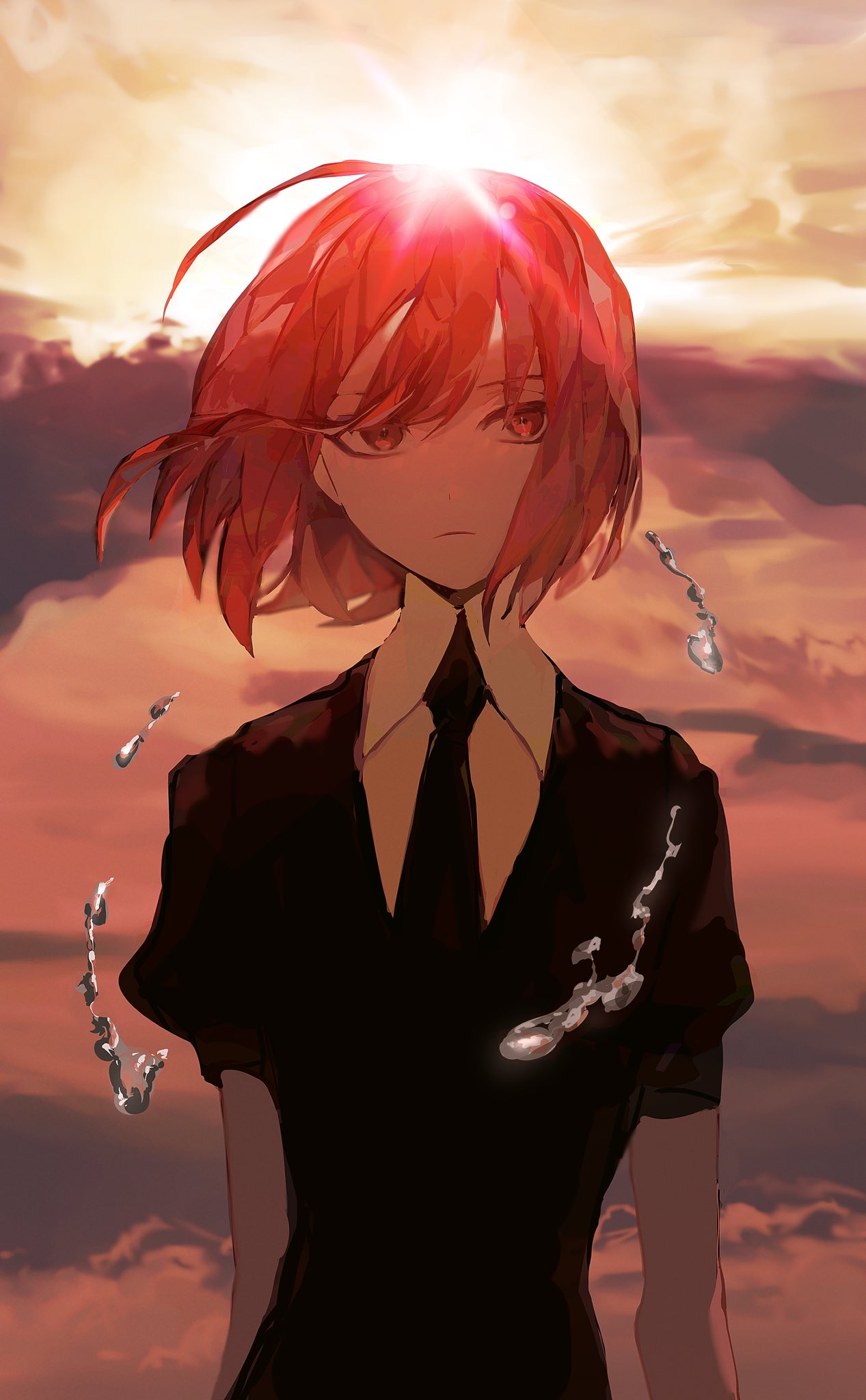 1other androgynous bangs black_necktie cinnabar_(houseki_no_kuni) closed_mouth clouds crystal_hair evening gem_uniform_(houseki_no_kuni) hair_between_eyes highres houseki_no_kuni mercury_(element) necktie puffy_short_sleeves puffy_sleeves red_eyes redhead short_sleeves sky solo yadu_nadu