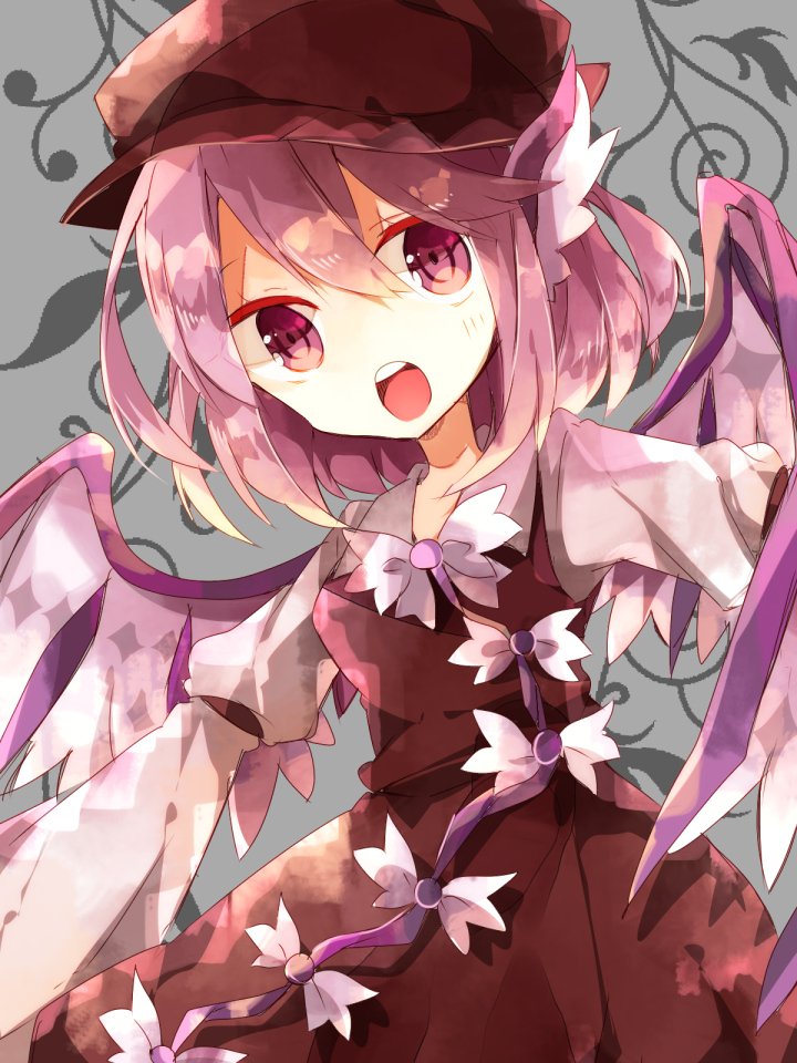 1girl animal_ears bird_ears bird_wings blush brown_dress brown_headwear dress hair_between_eyes long_sleeves mystia_lorelei nikorashi-ka open_mouth pink_eyes pink_hair short_hair solo teeth touhou upper_body upper_teeth white_wings winged_hat wings