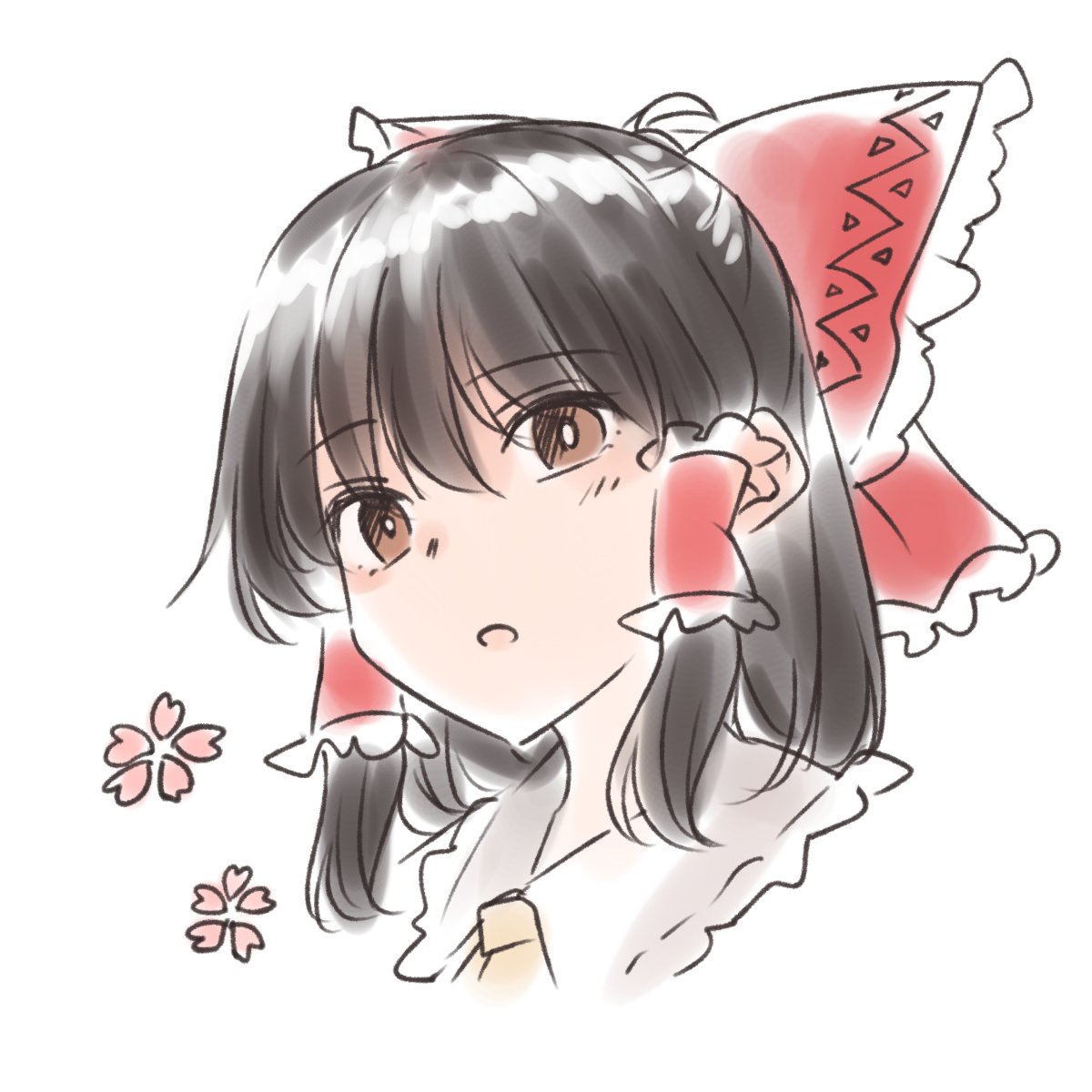 1girl :o bangs black_hair bow brown_eyes eyes_visible_through_hair frilled_bow frilled_shirt_collar frills hair_between_eyes hair_bow hair_tubes hakurei_reimu highres large_bow looking_at_viewer medium_hair miyo_(ranthath) open_mouth portrait red_bow simple_background sketch solo touhou white_background