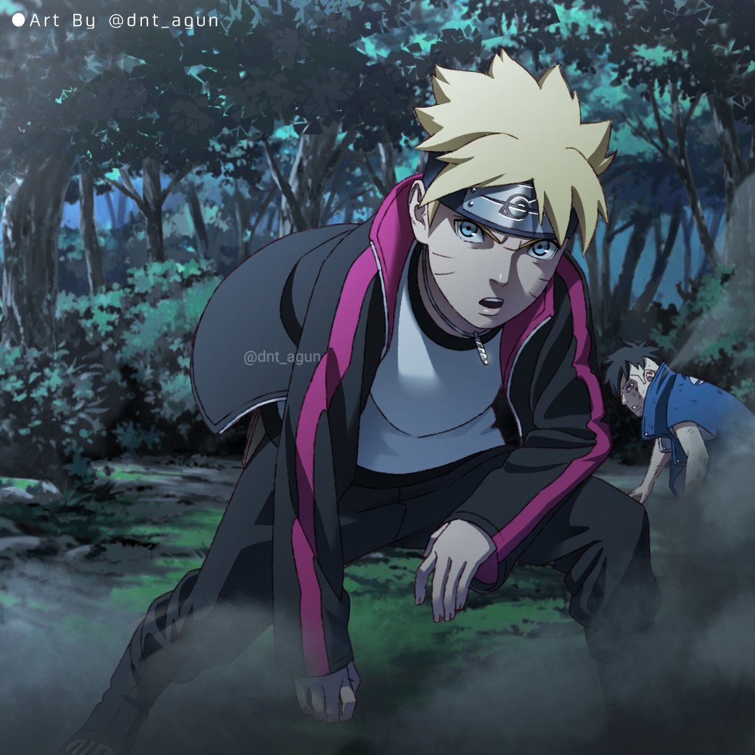 2boys artist_name black_jacket black_pants blonde_hair blue_eyes blue_jacket boruto:_naruto_next_generations bruise bruise_on_face dnt_agun forest headband injury jacket jewelry kawaki_(boruto) long_sleeves male_focus multiple_boys naruto_(series) nature open_clothes open_jacket outdoors pants pendant shirt short_hair spiky_hair twitter_username uzumaki_boruto watermark white_shirt