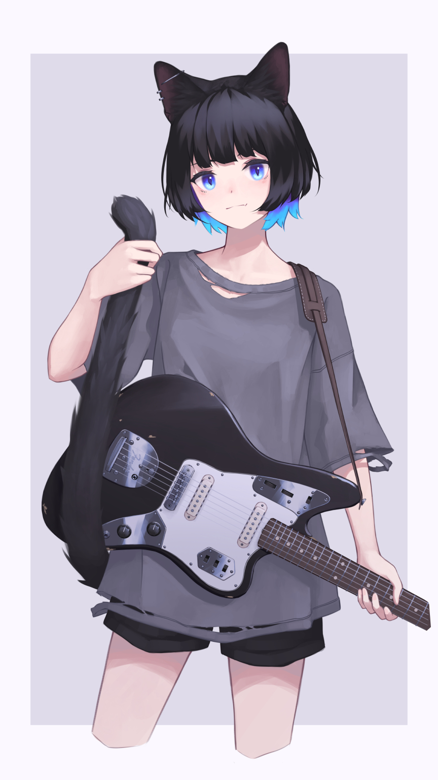 1girl animal_ears black_hair blue_eyes blue_hair cat_ears cat_tail cowboy_shot cropped_legs electric_guitar guitar highres holding_tail instrument looking_at_viewer multicolored_hair original shirt short_hair shorts simple_background slit_pupils standing t-shirt tail two-tone_hair unvrsms