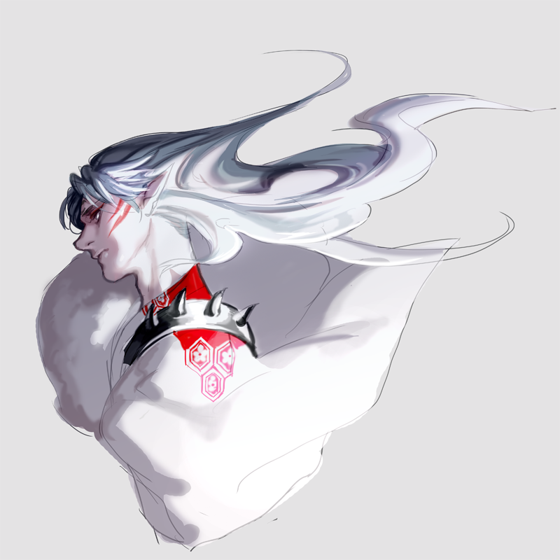 1boy closed_mouth eyeshadow facial_mark grey_background grey_eyes grey_hair inuyasha kenny_(poe90) long_hair makeup male_focus pointy_ears red_eyeshadow sesshoumaru simple_background sketch solo spikes upper_body whisker_markings