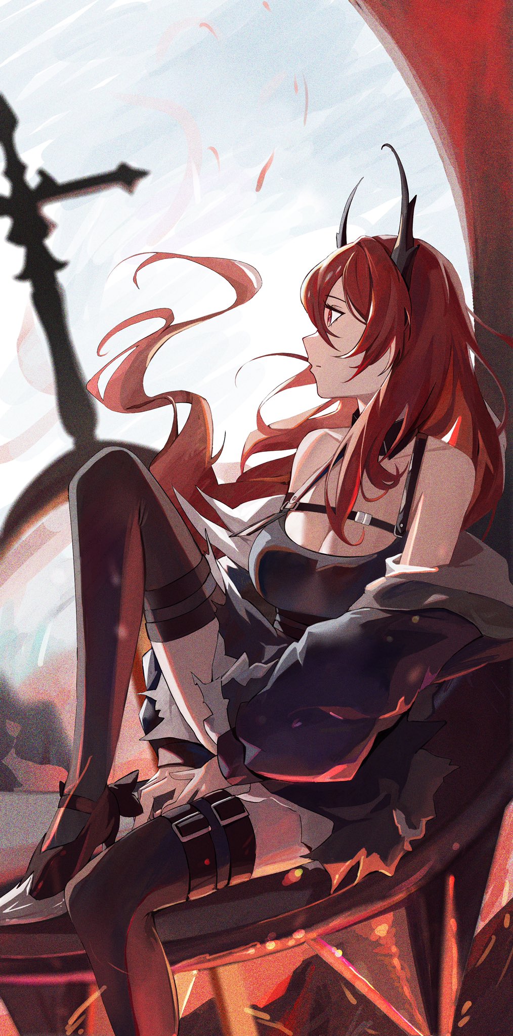 1girl arknights bangs bare_shoulders black_dress black_footwear black_jacket black_legwear breasts cleavage_cutout clothing_cutout commentary demon_horns dress high_heels highres horns jacket large_breasts long_hair looking_afar looking_to_the_side off_shoulder open_clothes open_jacket qq1264702834 red_eyes redhead solo surtr_(arknights) thigh-highs