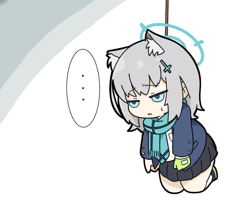 1girl animal_ear_fluff animal_ears bangs black_footwear black_skirt blue_archive blue_eyes blue_jacket blue_necktie blue_scarf chibi commentary_request fringe_trim gloves green_gloves grey_background grey_hair halo hanging jacket kneehighs long_hair necktie nyaru_(nyaru_4126) open_clothes open_jacket parted_lips pleated_skirt scarf school_uniform shiroko_(blue_archive) shirt shoes single_glove skirt solo sweat two-tone_background white_background white_legwear white_shirt