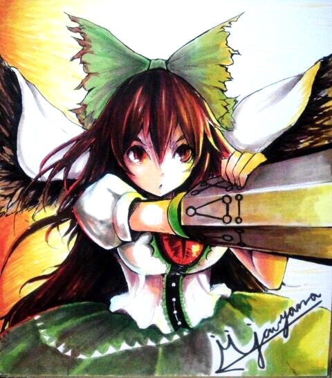 1girl arm_cannon bangs bird_wings black_wings bow breasts brown_eyes brown_hair cape commentary_request control_rod cowboy_shot green_bow green_skirt hair_between_eyes hair_bow jonasan_(bad-t) large_breasts long_hair looking_to_the_side open_mouth puffy_short_sleeves puffy_sleeves reiuji_utsuho shikishi shirt short_sleeves signature skirt solo third_eye touhou traditional_media weapon white_cape white_shirt wings