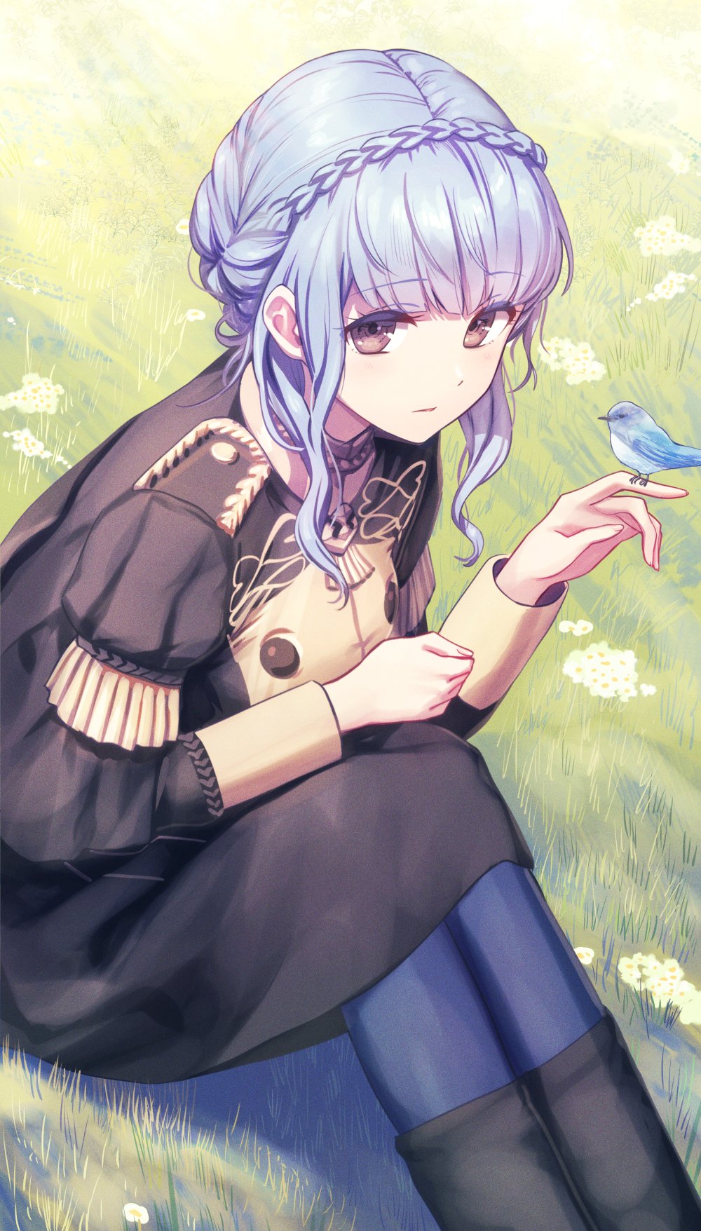 1girl animal bangs bird bird_on_hand black_footwear blue_bird blue_hair blue_legwear blunt_bangs braid brown_eyes buttons crown_braid deadnooodles epaulettes fire_emblem fire_emblem:_three_houses flower garreg_mach_monastery_uniform grass highres long_sleeves looking_at_viewer marianne_von_edmund outdoors pantyhose short_hair sidelocks sitting uniform yellow_flower