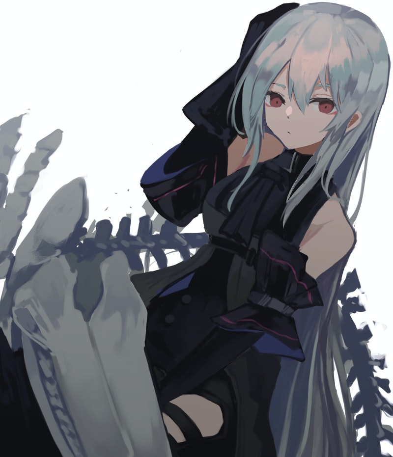 1girl arknights ascot bangs bare_shoulders between_legs black_ascot black_dress black_gloves commentary commission cowboy_shot dress dutch_angle elbow_gloves expressionless gloves grey_hair hair_between_eyes hand_between_legs hand_on_own_head hip_vent long_hair looking_at_viewer no_hat no_headwear ogami_ren red_eyes skadi_(arknights) skeb_commission skeleton sleeveless sleeveless_dress solo very_long_hair white_background