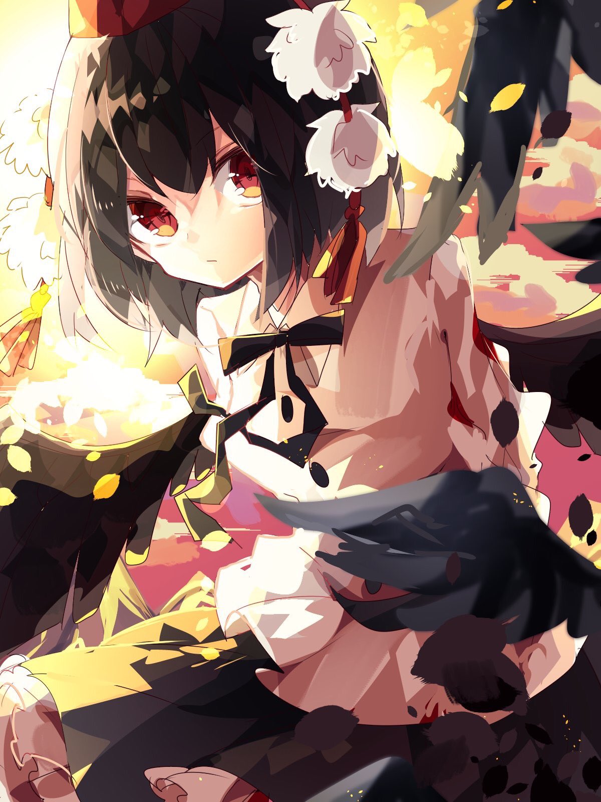 1girl :/ arms_behind_back bangs bird_wings black_hair black_skirt black_wings bow bowtie buttons collared_shirt cowboy_shot frilled_skirt frills hat highres looking_at_viewer medium_hair nikorashi-ka pom_pom_(clothes) red_bow red_eyes red_headwear shameimaru_aya shirt skirt solo sunset tassel tokin_hat touhou white_shirt wings