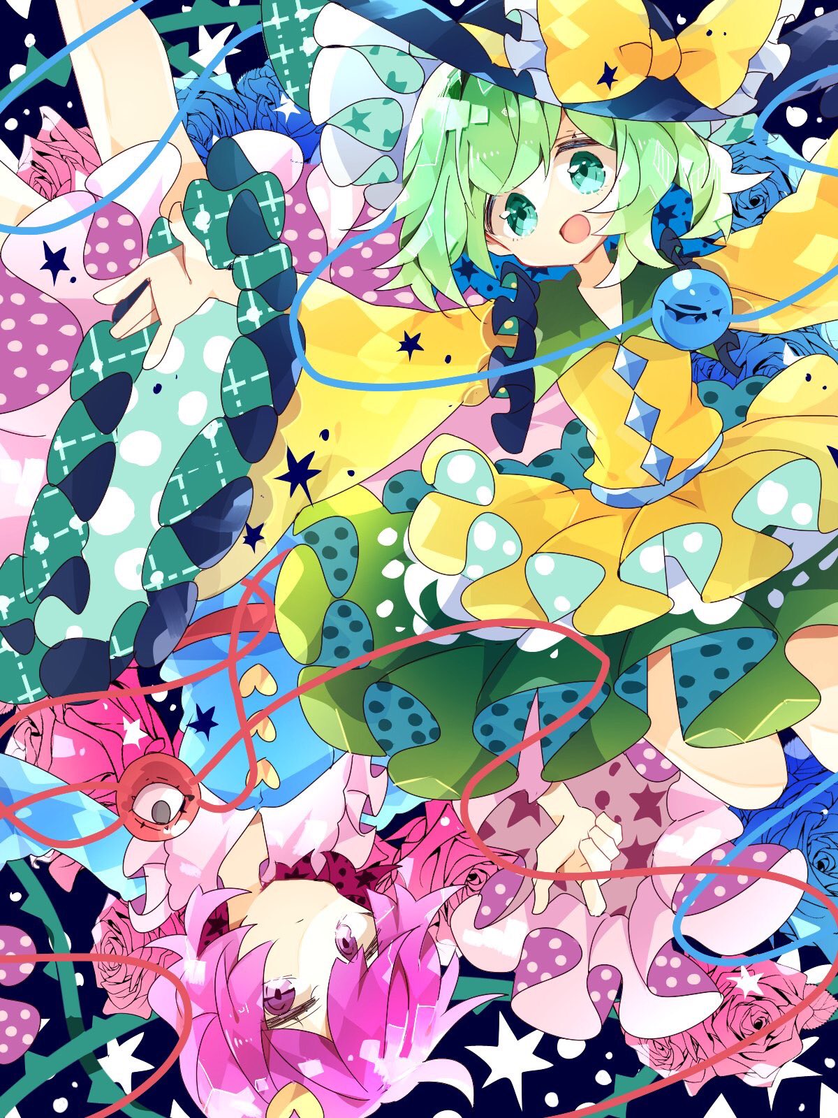 2girls :d :| blouse blue_flower blue_rose blue_shirt bow buttons closed_mouth commentary diamond_button dotted_background dotted_line feet_out_of_frame flower frilled_bow frilled_shirt_collar frills green_eyes green_hair green_skirt hat hat_bow heart_button highres komeiji_koishi komeiji_satori long_sleeves looking_at_viewer medium_hair multiple_girls nikorashi-ka pink_eyes pink_flower pink_hair pink_rose pink_skirt rose rotational_symmetry shirt short_hair siblings sisters skirt smile star_(symbol) third_eye touhou wide_sleeves yellow_bow yellow_shirt