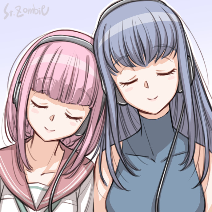 2girls aqua_ribbon bangs blue_dress blue_hair blunt_bangs braid breast_pocket breasts closed_eyes dress headphones heads_together kamihama_university_affiliated_school_uniform long_hair magia_record:_mahou_shoujo_madoka_magica_gaiden mahou_shoujo_madoka_magica medium_breasts multiple_girls nanami_yachiyo neck_ribbon pink_hair pocket red_sailor_collar ribbon sailor_collar school_uniform shirt sidelocks sleeveless sleeveless_dress smile studiozombie tamaki_iroha turtleneck_dress white_shirt yuri