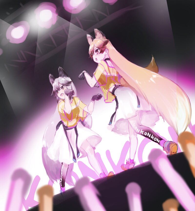 2girls alternate_costume animal_ears black_gloves black_hair black_legwear brown_hair commentary_request extra_ears ezo_red_fox_(kemono_friends) fox_ears fox_girl fox_tail gloves gradient gradient_legwear grey_hair hair_between_eyes idol kemono_friends long_hair matching_outfit multicolored_hair multiple_girls nan_okitsune orange_eyes orange_hair pantyhose paw_pose see-through shirt short_sleeves silver_fox_(kemono_friends) skirt stage t-shirt tail two-tone_legwear white_legwear white_skirt yellow_shirt