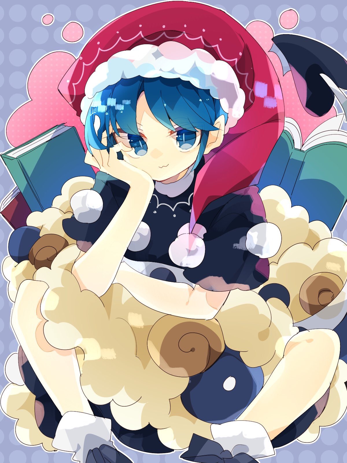 1girl :3 arm_support black_dress blue_eyes blue_hair book commentary doremy_sweet dress feet_out_of_frame fur-trimmed_headwear hair_between_eyes hand_on_own_cheek hand_on_own_face hat highres layered_dress nightcap nikorashi-ka open_book pom_pom_(clothes) red_headwear sheep short_hair socks solo tail touhou white_dress white_legwear