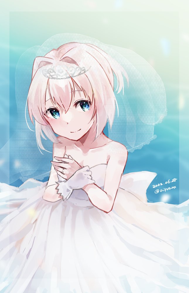 1girl alternate_costume blue_eyes bridal_veil collarbone crossed_arms dated dress gloves jewelry kantai_collection looking_at_viewer off-shoulder_dress off_shoulder one-hour_drawing_challenge pink_hair ponytail ring shiranui_(kancolle) short_hair single_glove smile solo twitter_username u_yuz_xx veil wedding_band wedding_dress white_dress white_gloves