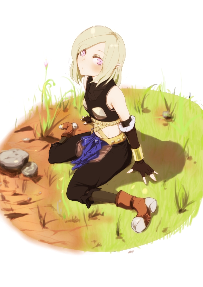 1girl bangs bare_shoulders black_gloves black_pants blonde_hair boots bracelet breasts capri_pants crop_top dragon's_dogma elbow_gloves eyebrows_behind_hair fingerless_gloves full_body gloves grass jewelry mineta_naoki pants pawn_(dragon's_dogma) pink_eyes pointy_ears rock short_hair sitting sleeveless small_breasts solo steel-toe_boots swept_bangs