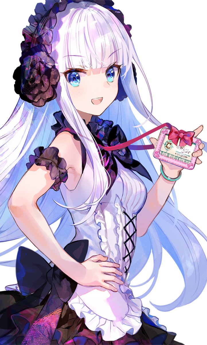 1girl armband bangs bare_shoulders black_armband black_bow black_flower blue_eyes blunt_bangs bow eyelashes eyes_visible_through_hair fingernails flower frilled_armband frills fuzichoco grey_background hair_flower hair_ornament hand_on_hip highres holding id_card kenja_no_deshi_wo_nanoru_kenja lanyard large_bow long_eyelashes long_hair looking_at_viewer maid_headdress mira_(kendeshi) open_mouth red_bow see-through simple_background smile solo teeth tongue upper_teeth white_hair