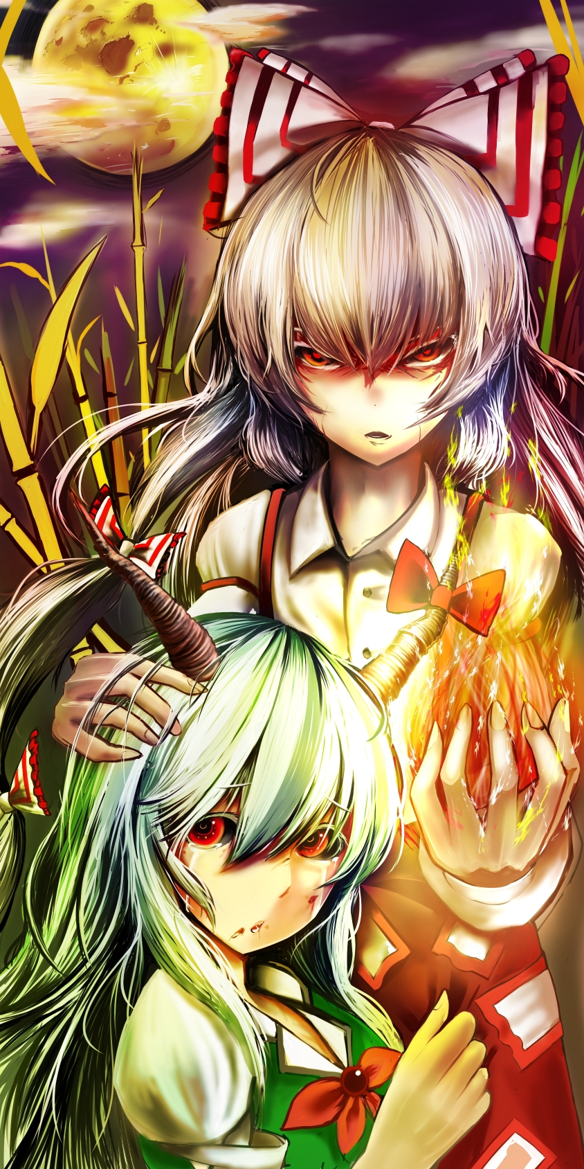 2girls angry bamboo bamboo_forest bangs black_sclera blood bow bowtie brown_horns closed_mouth clouds collared_shirt colored_sclera commentary_request cowboy_shot crying crying_with_eyes_open ex-keine fire forest fujiwara_no_mokou full_moon green_hair hair_bow hand_on_another's_head highres horns jonasan_(bad-t) kamishirasawa_keine long_hair long_sleeves looking_at_viewer moon multiple_girls nature night ofuda ofuda_on_clothes open_mouth pants purple_sky pyrokinesis red_bow red_bowtie red_eyes red_pants shirt tears touhou very_long_hair white_bow white_hair white_shirt