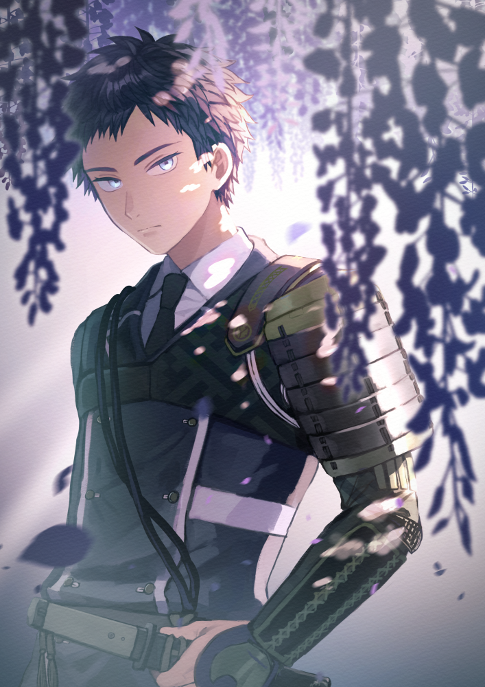 1boy aiguillette armor atsushi_toushirou bangs black_hair black_jacket black_necktie blue_eyes buttons chest_guard closed_mouth collared_shirt dappled_sunlight double-breasted flower frown grey_background grey_eyes holding holding_sword holding_weapon jacket japanese_armor kote long_sleeves looking_at_viewer male_focus motion_blur nature necktie petals shirt short_hair short_sword shoulder_armor sode solo sunlight sword tantou touken_ranbu upper_body weapon white_shirt wisteria yuu_(pixiv3042074)