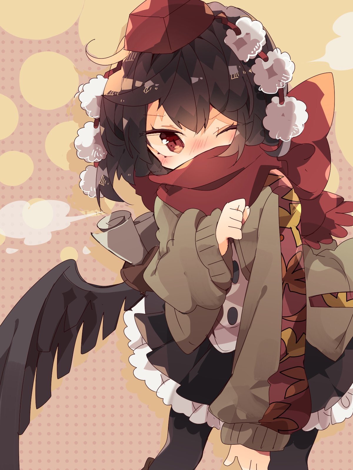 1girl autumn_leaves bangs bird_wings black_hair black_legwear black_skirt black_wings bow brown_bag brown_cardigan buttons cardigan commentary covered_mouth cowboy_shot dotted_background frilled_skirt frills hat highres holding holding_paper leaf_print long_sleeves looking_at_viewer medium_hair nikorashi-ka one-hour_drawing_challenge one_eye_closed open_cardigan open_clothes pantyhose paper pom_pom_(clothes) red_eyes red_headwear red_scarf rolled_up_paper scarf scarf_bow scarf_over_mouth shameimaru_aya shirt skirt solo tokin_hat touhou white_shirt wings