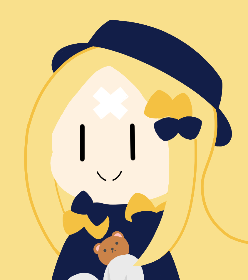 1girl abigail_williams_(fate) bangs black_bow black_headwear blonde_hair blue_dress bow chibi closed_mouth commentary_request crossed_bandaids dress fate/grand_order fate_(series) hair_bow long_hair nyaru_(nyaru_4126) orange_bow parted_bangs simple_background smile solo stuffed_animal stuffed_toy teddy_bear upper_body yellow_background |_|