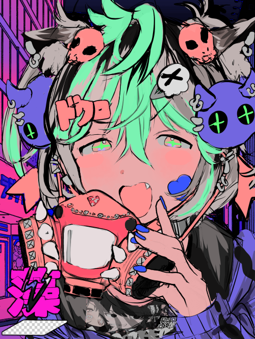 1girl animal_ears bandaid bandaid_on_cheek bandaid_on_face black_hair blue_hair blush cat_ears cat_girl fang gas_mask looking_at_viewer mask momae_makku multicolored_hair nail_polish open_mouth original solo