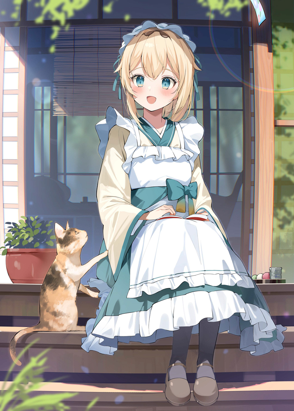 1girl :d apron bangs blonde_hair blue_eyes cat full_moon hana_mori highres hololive kazama_iroha long_sleeves medium_hair moon pantyhose plant potted_plant shoes sitting smile solo virtual_youtuber white_apron